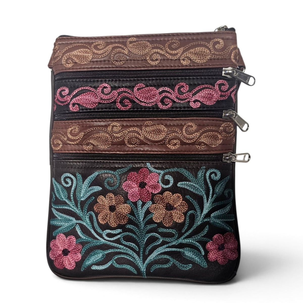 The 5-Pocket Floral Crossbody Bag, Brown/Pink/Green